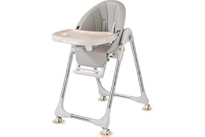 Ezebaby Baby High Chair, Portable High Chair with Adjustable Heigh and Recline, Foldable High Chair for Babies and Toddler with 4 Wheels, High Chair for Toddlers with Removable Tray-(Grey)