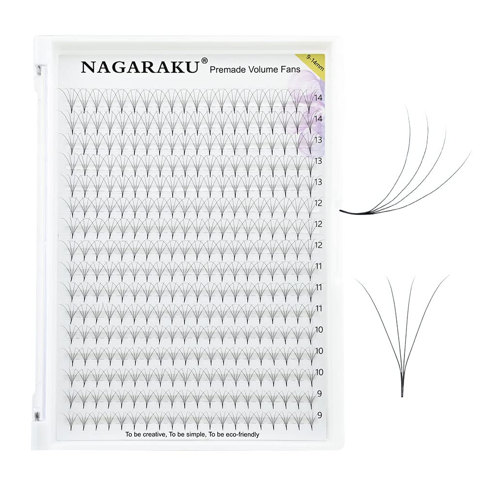 NAGARAKU Eyelash Extensions 320 Clusters Premade Fans Russian Volume Long Stem Premade Fans Thin Pointy Base Natural Pre Fanned Fluffy False Eyelash Black 16 Rows (4D 0.07 D Curl 9-14mm Mix Tray) — image 1