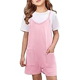 CharmWM Girls Summer Jumpsuits Spaghetti Strap Sleeveless Loose Romper Short Pants with Pockets 5-14 Years