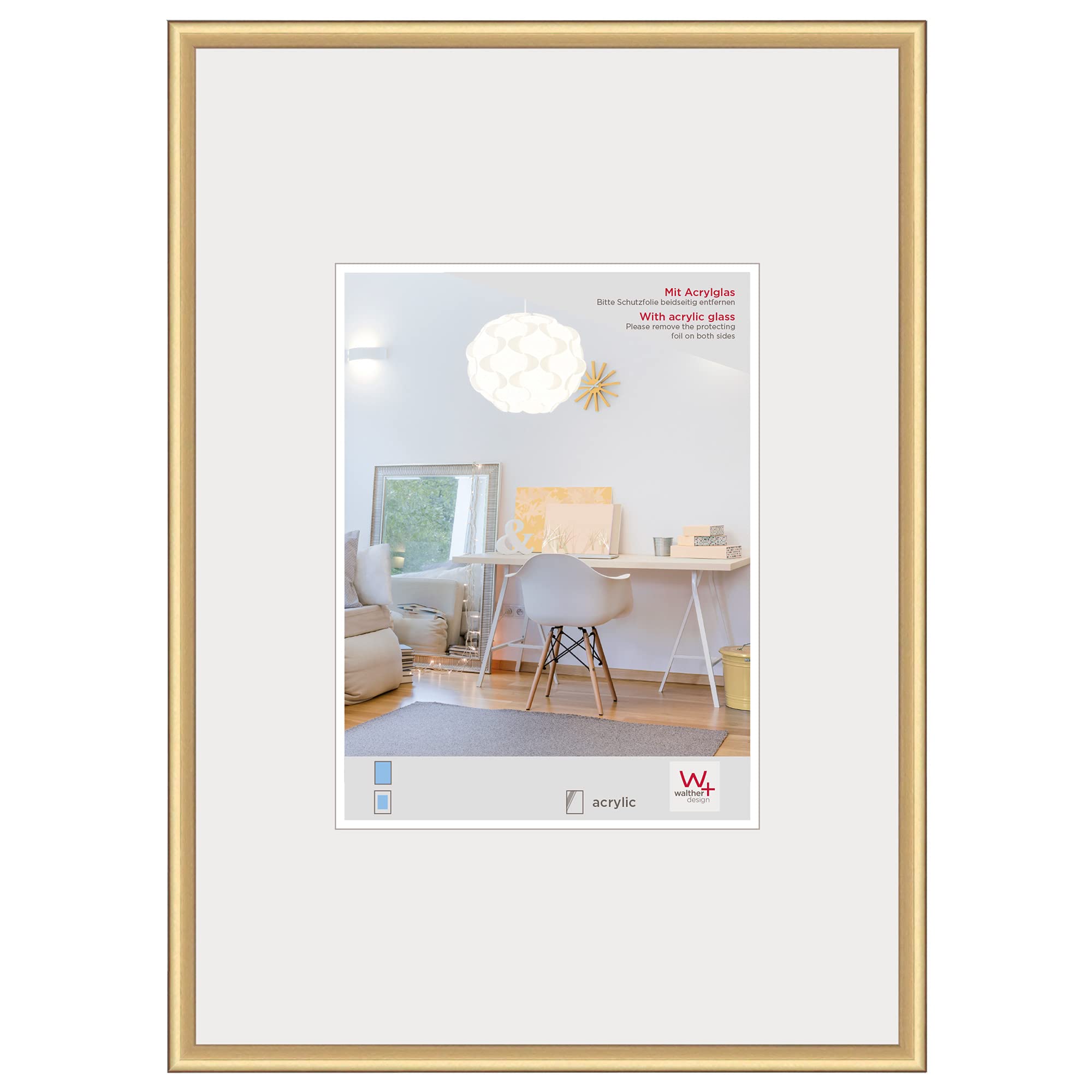 walther Design Picture Frame Gold 40 x 60 cm with Art Glass, New Lifestyle Plastic Frame KVX460G