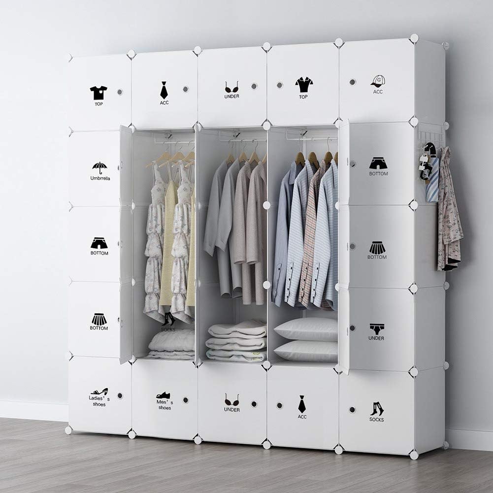YOZO Modular Wardrobe Portable Clothes Closet Chest Drawer Polyresin Storage Organizer Bedroom Armoire Cubby Shelving Unit Dresser Multifunction Cabinet DIY Furniture, White, 25 Cubes