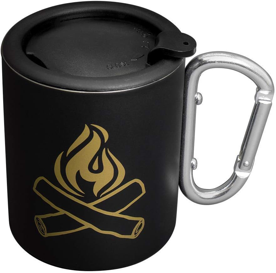 Camping Mug with Clip On Handle and Lid - Double Walled Stainless Steel Camping Mug
