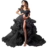 Yexinbridal Women's Tulle Robes for Maternity Photoshoot Long Puffy Illusion Bridal Gown Ruffles Slit Wedding Scarf