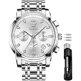 OLEVS Men's Waterproof Watches Stainless Steel Waterproof Chronograph Wrist Watches Luxury Dress White Luminous Big Face Analog Quartz Male Watches
