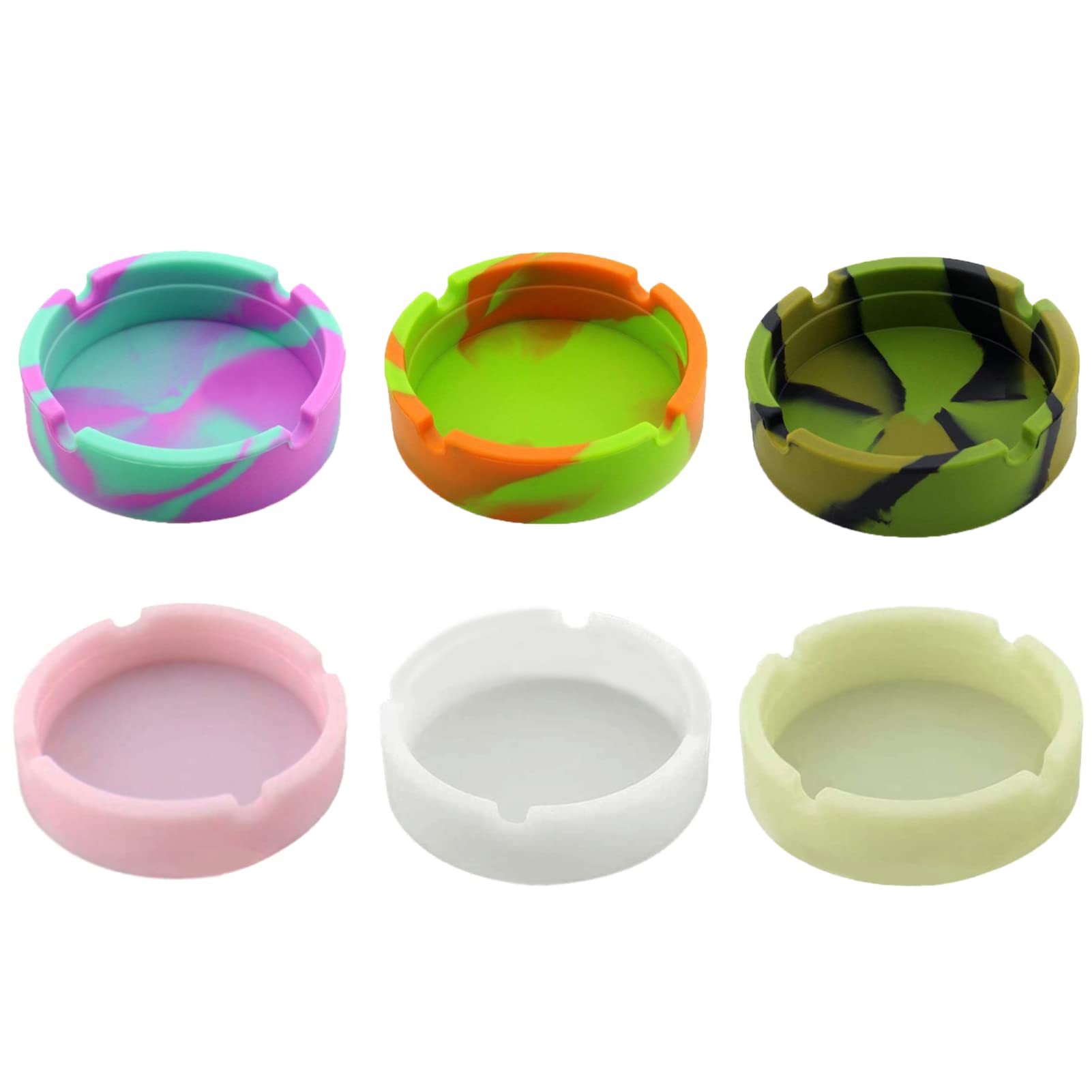 SOQKEEN 6 Pack Silicone Ashtray Set, Portable Round Outdoor Ashtrays, Heat Resistant & Flexible Rubber Ash Tray, Glow in The Dark, for Home, Travel, Patio & Camping