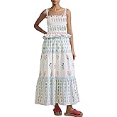 Women Summer Smocked Flowy Dress Spaghetti Strap Square Neck Floral Dress Ruffle Patchwork Boho A Line Midi Sun Dress