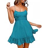 Dokotoo Women's Spaghetti Strap Dresses Scoop Neck Bow Backless Sleeveless Elastic Waist Ruffle Hem A-Line Casual Mini Dress