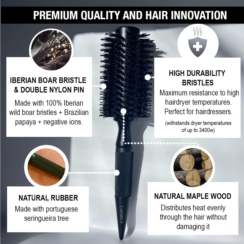CAPARICA Lion's Mane - Ionic Profesional round hair brush 100% natural boar bristles for blowdry. Thermal with maple wood. For Thin & Thick Hair. Barrel brush for styling. Portuguese brand Ø45
