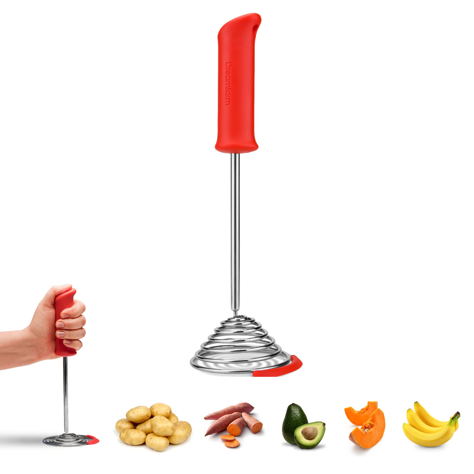 Dreamfarm Smood | One-Handed Press Stainless-Steel Spring Coil Vegetable and Potato Masher with Soft Grip Silicone Pot Bowl Scraper | Fire Truck Red