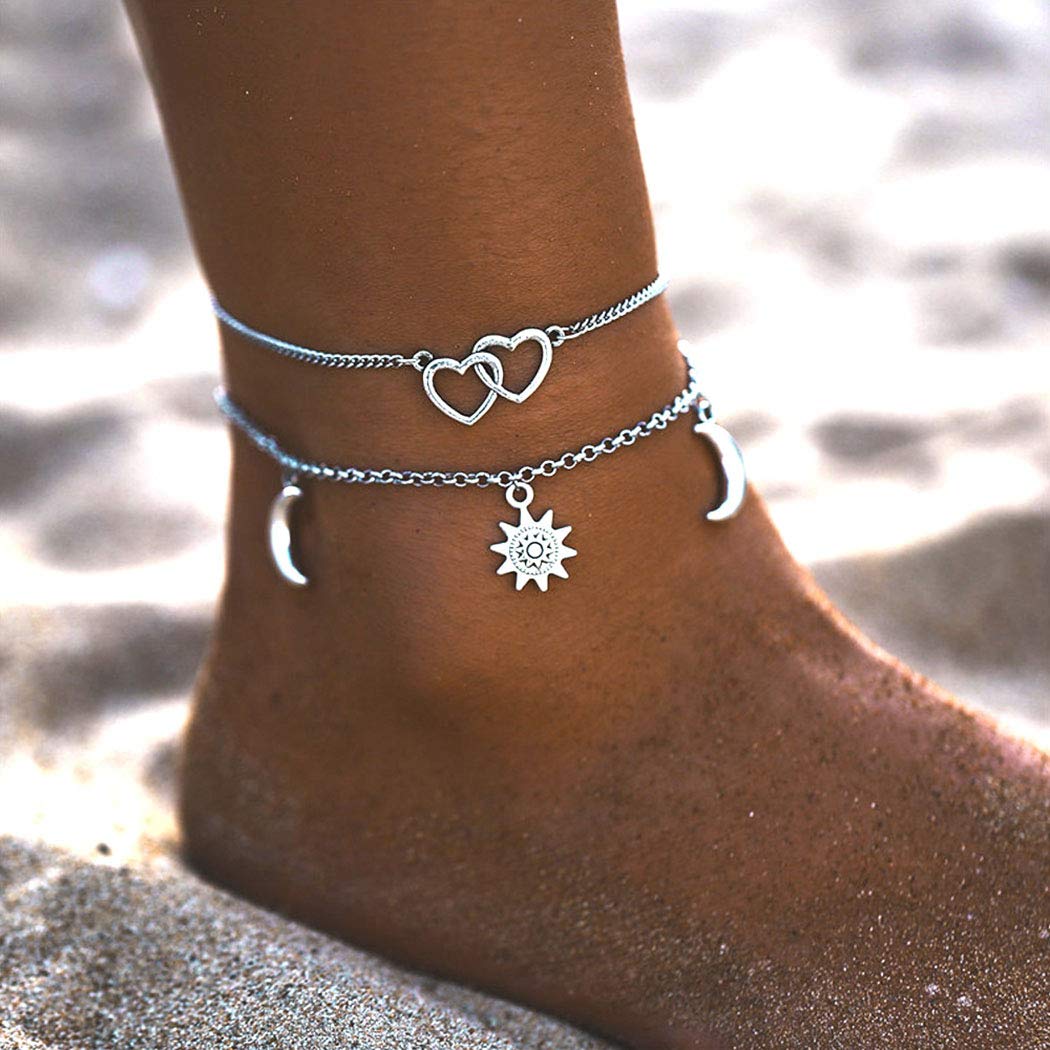 Wedity Vintage Sun and Moon Anklets Silver Simple Love Heart Anklet Bracelets 2-layer Summer Accessories Beach Foot Jewelry Adjustable for Women Girls