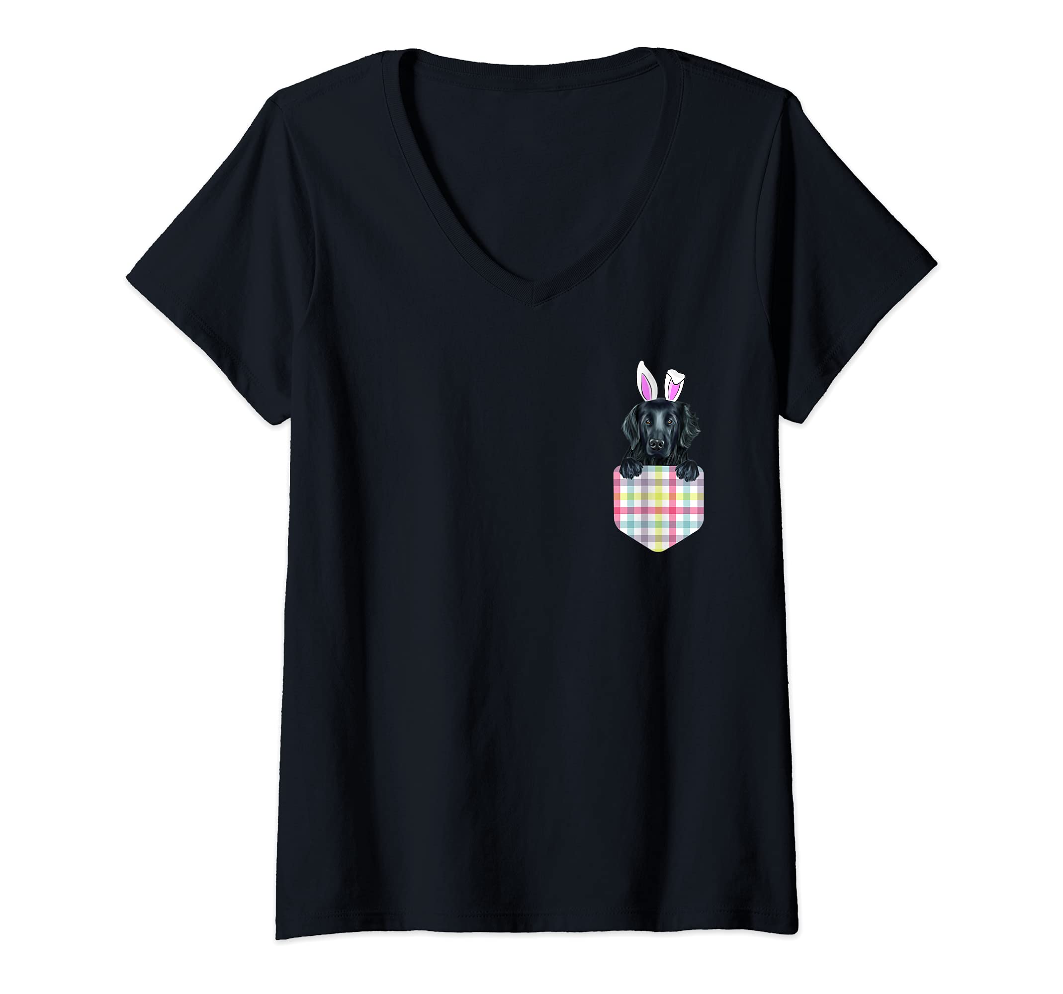 Womens Easter Plaid Flat-Coated Retriever Bunny Dog In Pocket V-Neck T-Shirt
