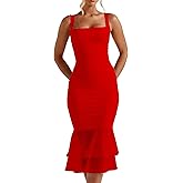 Kaximil Women's Sexy Bodycon Ruched Square Neck Midi Dresses Elegant Sleeveless Ruffle Cocktail Party Dress