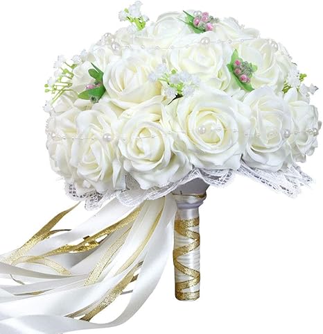 Amazon Laamei ウェディング ローズブーケ 人工植物 造花 エレガント パールレース リボン ウェディング パーティー 教会ホームデコレーション M0an00ia6i0z 造花 オンライン通販