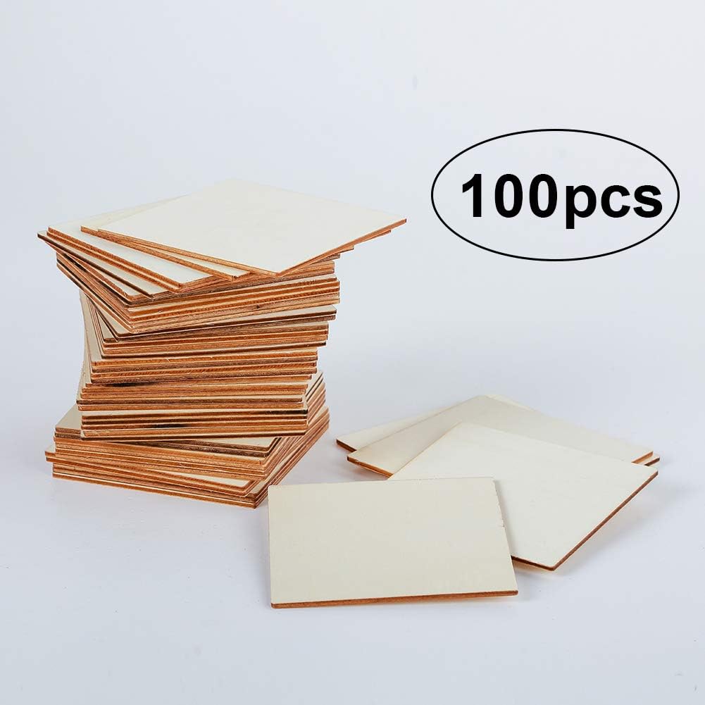 Unfinished Wood Pieces 100 Pcs Blank Square 4 x 4 Inch Wood Slices for Crafts, Cup Coasters, Wooden Ornaments, DIY Scrabble Letters Decorations