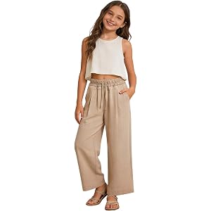 Linen Pants for Girls Kids Drawstring Wide Leg Pants Flowy Casual Trousers Summer Beach Cropped Pant with Pockets