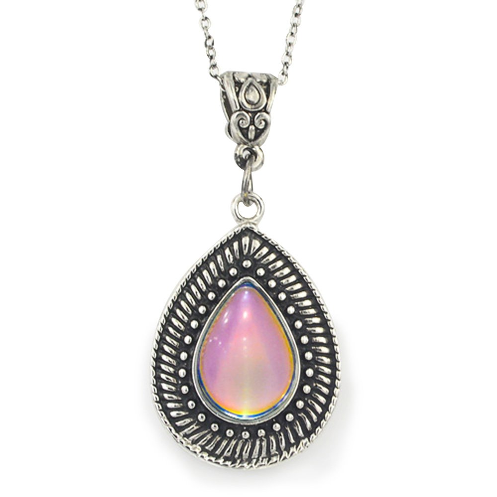 FUN JEWELS Vintage Multi Color Change Teardrop Stone Pendant Mood Necklace 18" Chain+2" extender