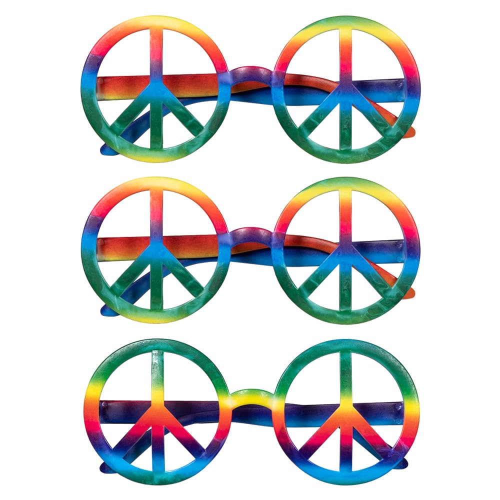 Boland 44541 Hippie Party Glasses Set of 3 for Adults, Multi-Coloured Glasses with Peace Sign, Unisex, 60s, Flower Power, Carnival, Carnival, Carnival, Carnival, Theme Party