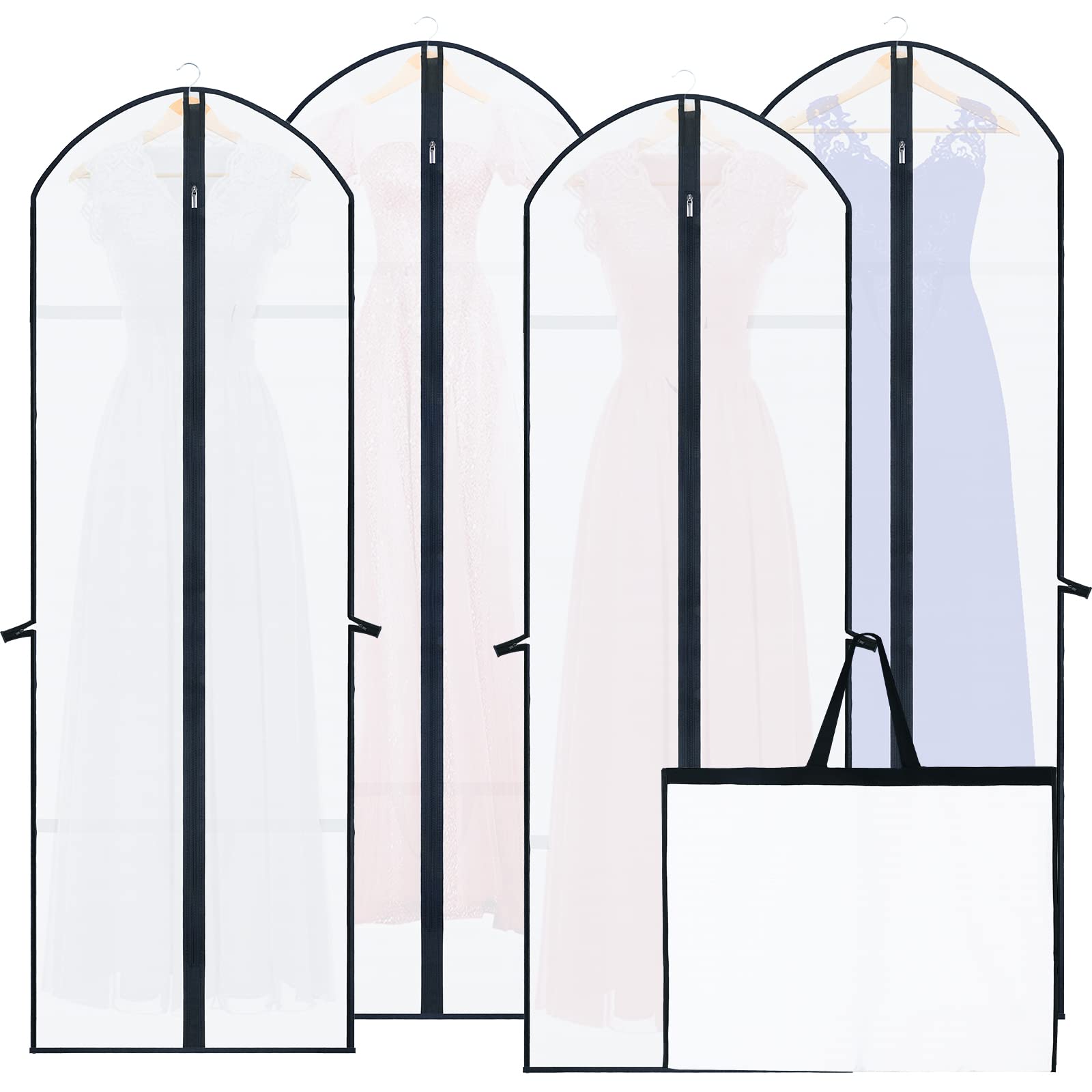4 Pack Long Dress Covers Garment Storage, Waterproof Moth Proof Coat Bags with Zip PVC Clothes Cover Bag with Handle, Breathable Washable Dustproof Clothes Covers Translucent Suit Bags(60 * 180cm)
