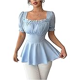 Floerns Women's Elegant Blouse Tops Puff Sleeve Ruched Bust Ruffle Dressy Casual Peplum Top