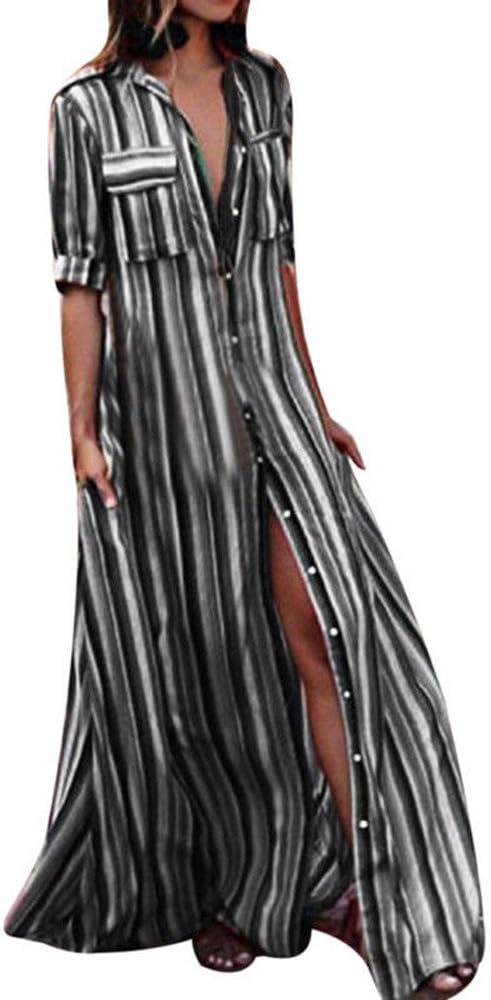Morecome,Women Brend Half Sleeve Striped Multicolor Button Bohe Beach Long Robe Dress Plus Size
