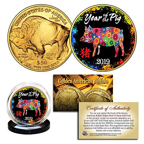 2019 Lunar YEAR OF THE PIG 24K Gold Clad American Buffalo Tribute Coin PolyChrom