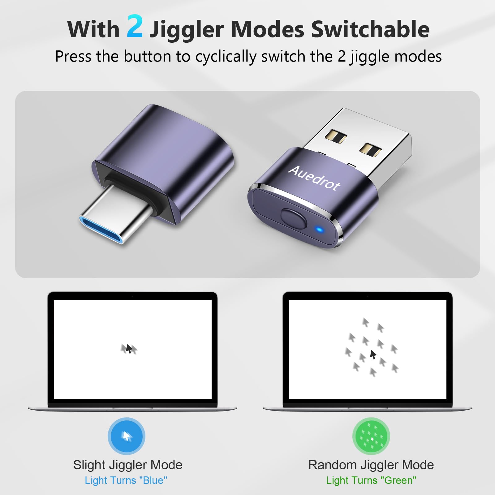 Mouse Jiggler Undetectable Metal USB Mouse Mover with Switch Button, Automatic Mini Mouse Shaker with 2 Jiggle Modes, Driver-Free, Plug & Play, Keep Computer/Laptop Awake, with USB-C Adapter, Purple
