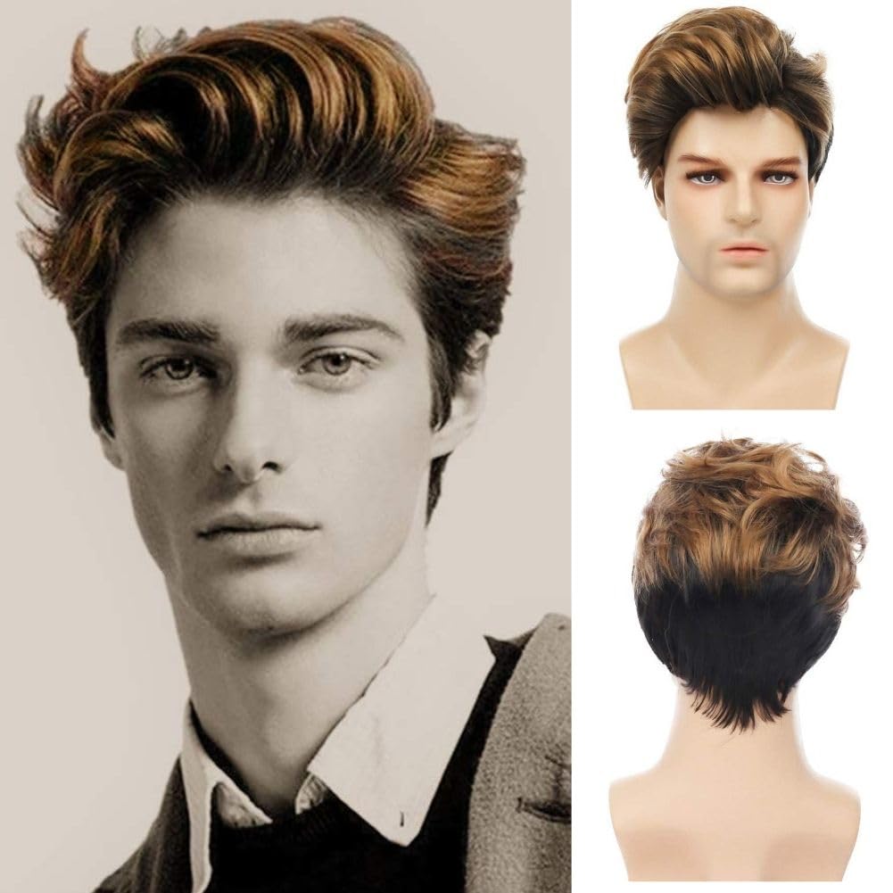 Siudus Mens Brown Short Wig Said Part Natural Layered Hair Wig Fluffy Heat Resistant Synthetic for Daily Use