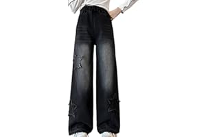 Girls Baggy Jeans Cute Star Embroidery Trendy Y2K Denim Pants Straight Wide Leg Ripped Pants Aesthetic Bottom