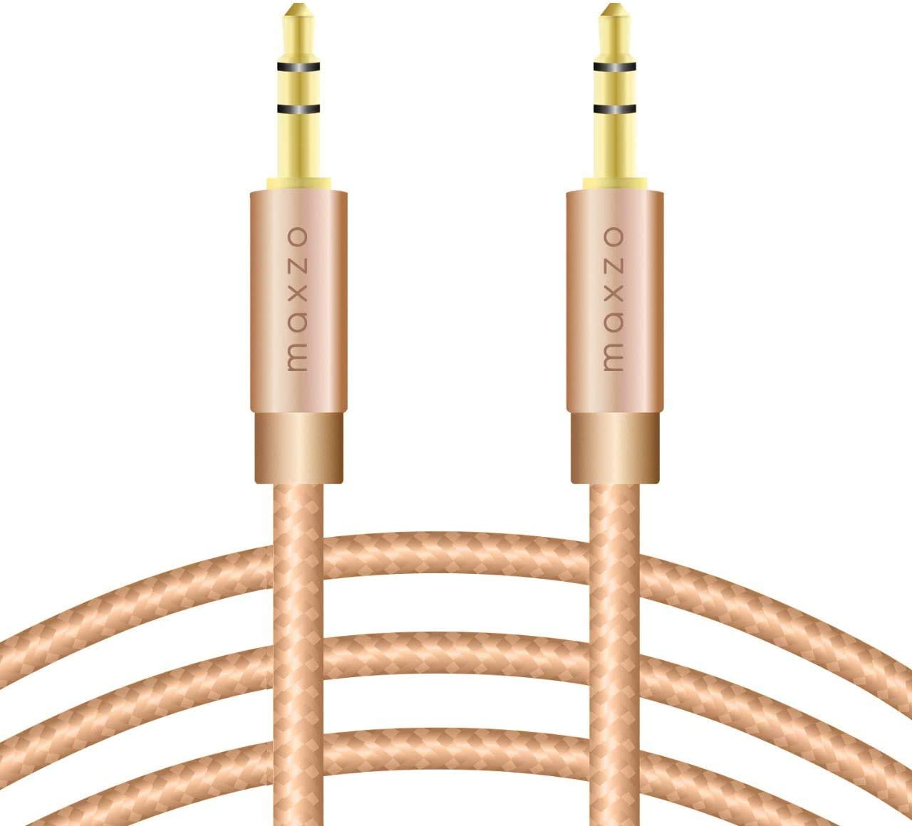 Maxzo Aux Cable 3.5mm Audio Cable –3.3ft/1M- Nylon Braided Aux Lead for Car, Headphone, iPhone, iPad, iPod, Samsung, MP3 Player, Smartphone, Echo Dot, Tablet, Home Stereos, Laptop (Gold)