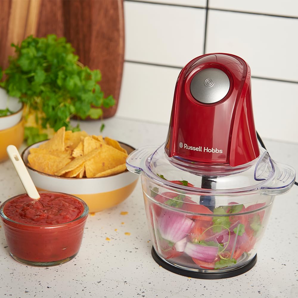 Russell Hobbs Zerkleinerer Elektrisch Mini [Glasbehälter mit Deckel] Desire Red (500ml, 2-flügeliges Edelstahlmesser, Mixer, Multi-& Universalzerkleinerer für Obst, Gemüse & Fleisch, 350W) 27132-56 8
