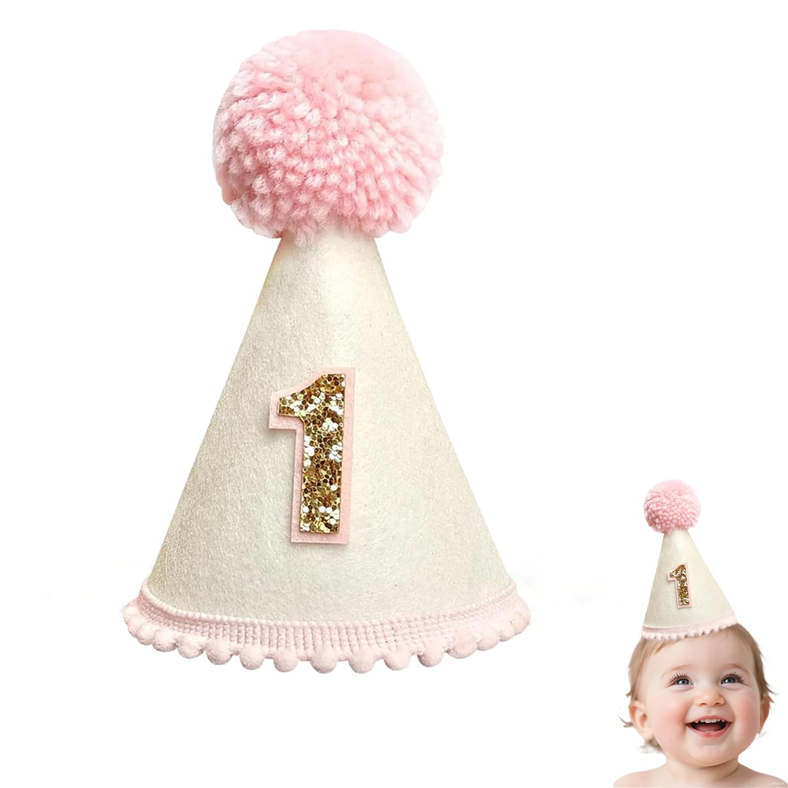 Vyqrx 1st Birthday Hat for Baby Girls Boys β Pink Felt Birthday Crown with Pom Pom, Soft Adjustable Party Hat for 1 Year Old Celebration, Cake Smash, Photo Props(Pink) β image 1