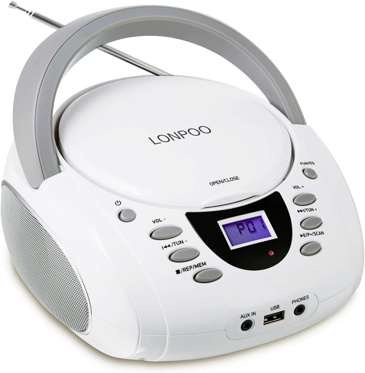 Amazon LONPOO CDプレーヤー/ラジオ/Bluetooth/FM/USB/AUX, 対応語学学習用機能 (white