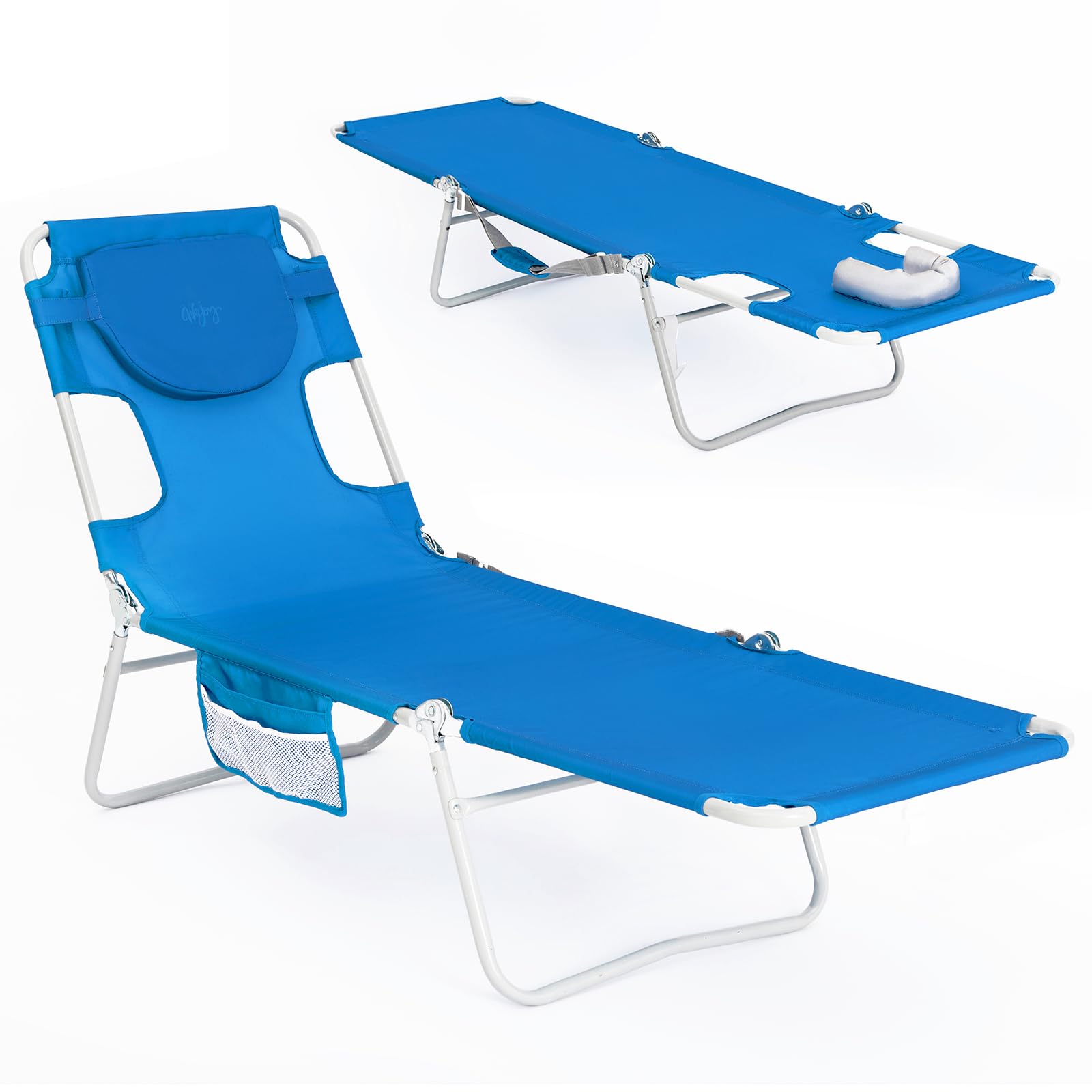Photo 1 of #WEJOY Folding Tanning Chair with Face Hole, 5 Positions Face Down Beach Lounge Chairs with Pillow for Outside Sunbathing Poolside (Blue)