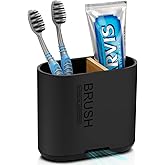 Toothbrush and Toothpaste Holder with Bamboo Divider for Bathroom Countertop Organizer, Detachable for Easy Clean, 2 Slots Electric Toothbrush Holders Storage Caddy Drainage for Family-Black