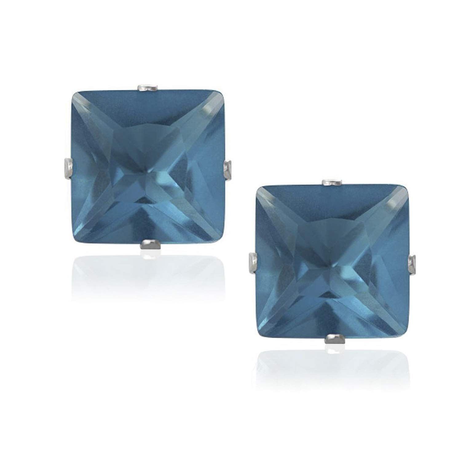 6MM Square Princess Cut CZ Birthstone Stud Earrings/Ear Studs for Women/Teenage/Girls - 925 Sterling Silver - Round Silver Earrings - Zircon Blue