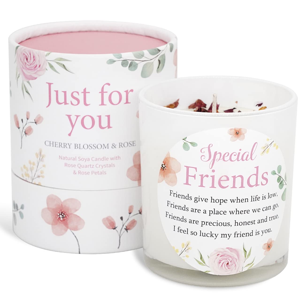 Special Friends Candle that Makes a Thoughtful Gifts for a Special Friend. Best Friend Present SOYA Candle with Rose Quartz and Rose Petals