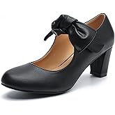 LIURUIJIA Women's Bow Mary Janes Block Heel Pumps Round Toe Ankle Strap Wedding Evening Party Dress Shoes