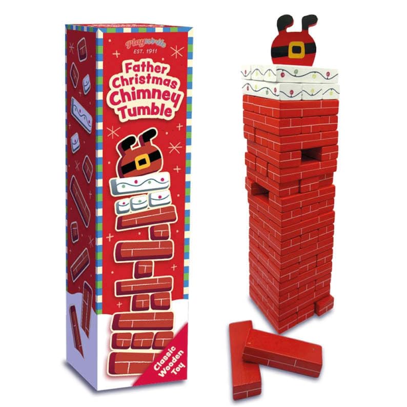 Father Christmas Chimney Tumble Wooden Stacking Block Game – Festive Christmas Tower Game for Kids and Families