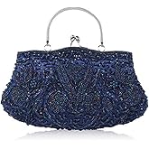 EROUGE Beaded Sequin Design Flower Evening Purse Large Clutch Bag
