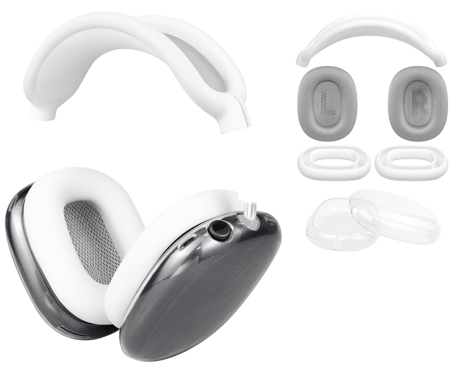 SOULWIT Replacement Kit for AirPods Max, Mesh Fabric Earpads + Headband Cover + TPU Case Protector + Silicone Ear Pads Cover, Sweatproof, Anti-Scratch Accessory, Cushions with Softer Foam - White
