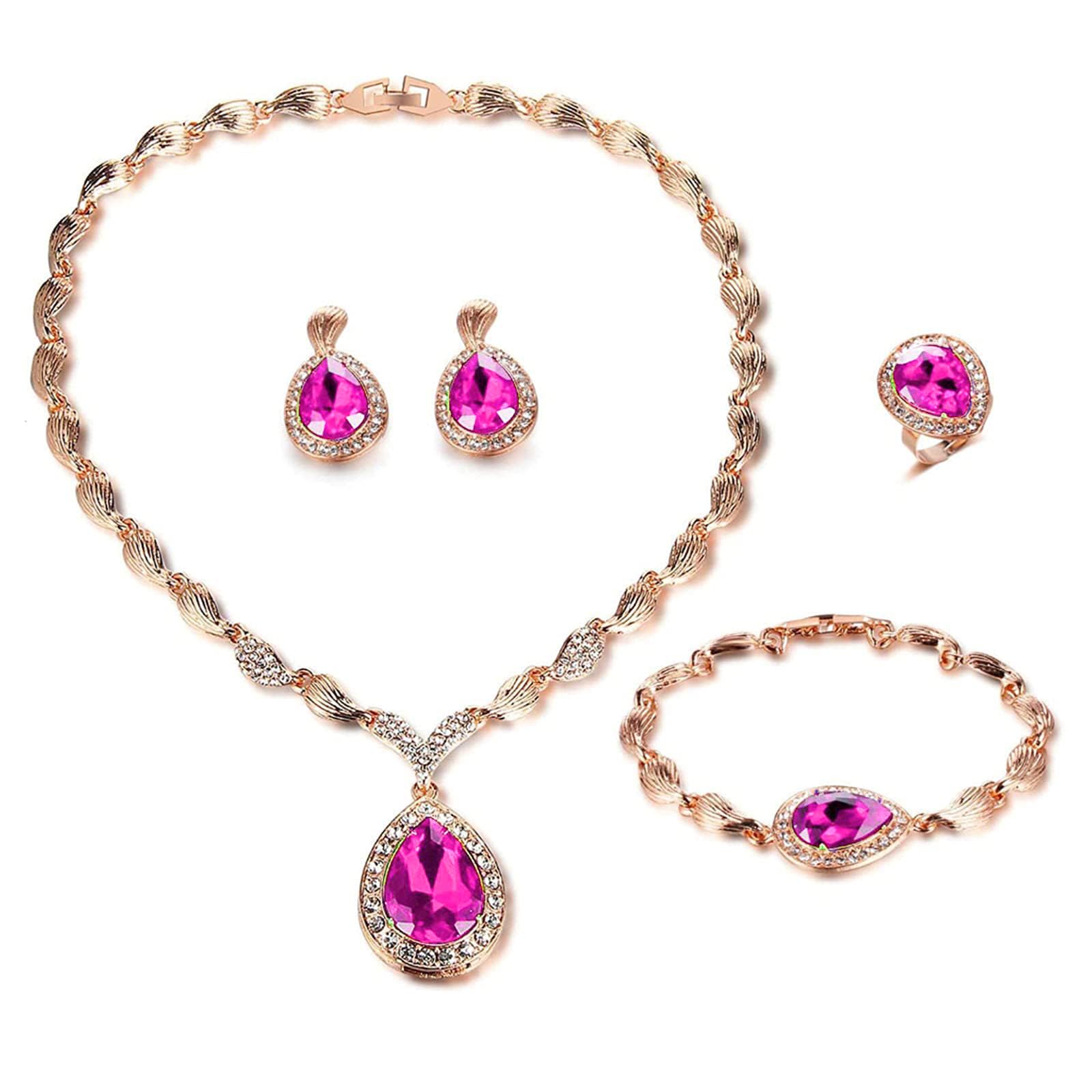 Photo 1 of FUNOJOY Womens Jewelry Sets for Wedding Teardrop Rhinestone Crystal Statement Necklace Earrings Set for Brides Party Prom (Hot pink)