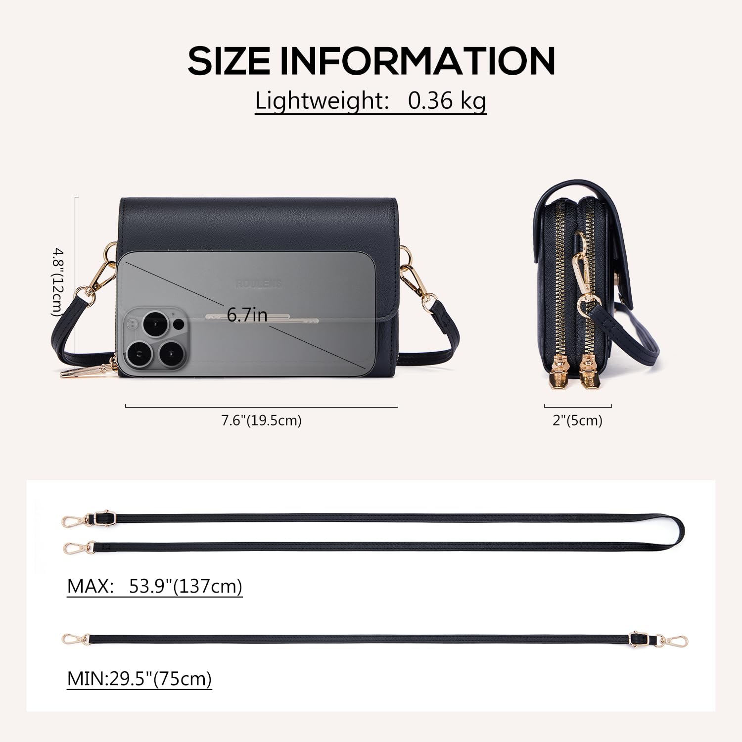 Roulens Klein Handy Umhängetasche,Damen Kleine Umhängetasche, Veganes Leder Crossbody Schultertasche Reisepass Handytasche mit Kartenschlitz Verstellbar Abnehmbar Schultergurt 3