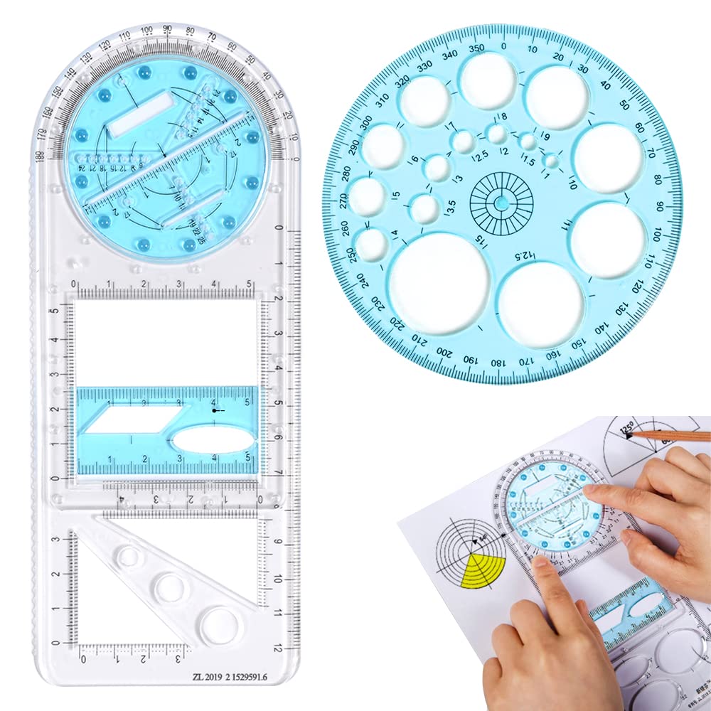 2 Pcs Multifunctional Geometric Rulers Mathematics Drawing Ruler Geometric Drawing Template Measuring Tool with 360 Degree Protractor for Student School Office Supplies