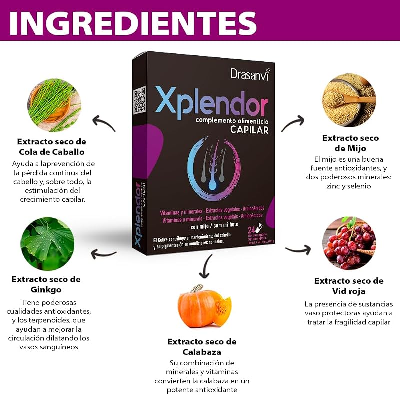 XPLENDOR Capilar con 13 Vitaminas, 4 Minerales, Aminoácidos y Extractos Vegetales | Para el Cabello y su Pigmentación | Con Mijo, rico en Nutrientes y MicroNutrientes |24 Cápsulas = 24 Días