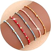 Tyebiva Gold Seed Beaded Bracelets Set for Women, 5Pcs Colorful Boho Friendship Blue Red Beads Stackable Stretch Bracelet Summer Beach Jewelry Gift