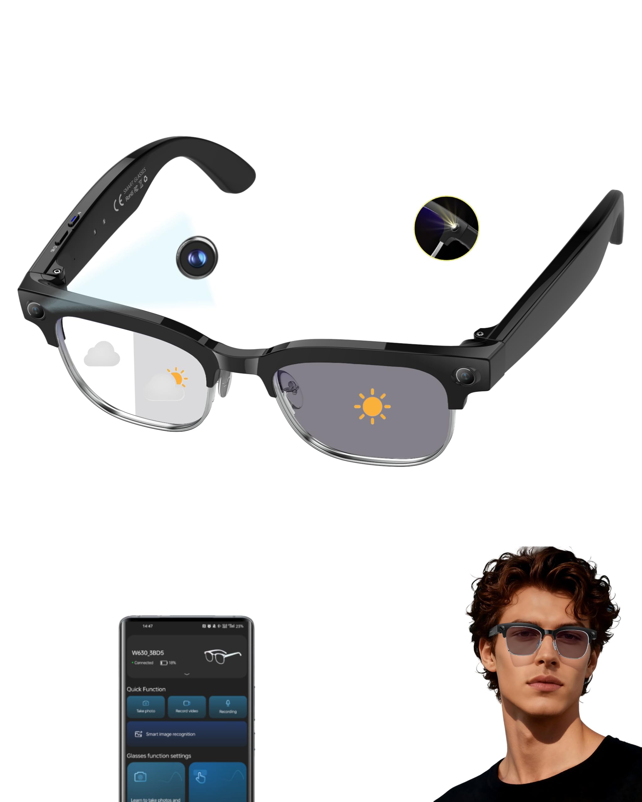 Photo 1 of MNVOEQ AI Smart Glasses with 4K Camera/Video Recording/Bluetooth for Men & Women/Hands-Free Recording Glasses with Audio, AI-Powered Wearable Tech/First-Person Camera/Travel/Bussiness/Sports/Drive
