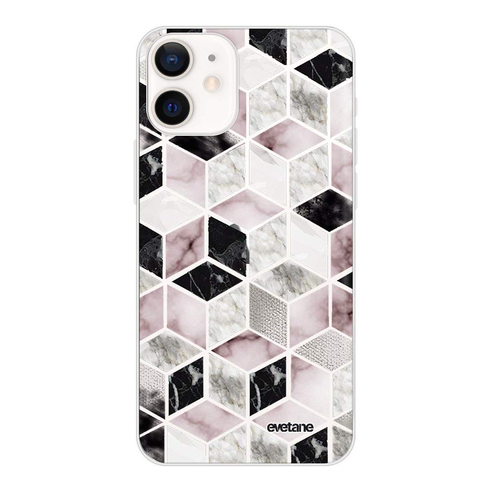 Evetane Case Compatible with iPhone 12 Mini Flexible Solid Silicone Ultra Resistant Thin Protection Case Transparent Geometric Cubes Trendy Design