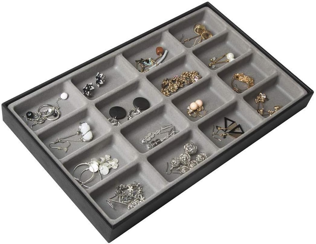 JackCubeDesign Stackable Synthetic Leather Jewelry Tray Earring Necklace Bracelet Ring Organizer Display Storage Box(Set of 4, Black, 16 x 9.6 x 1.6 inches for 1 unit)- :MK212-1ABCD: Home Improvement