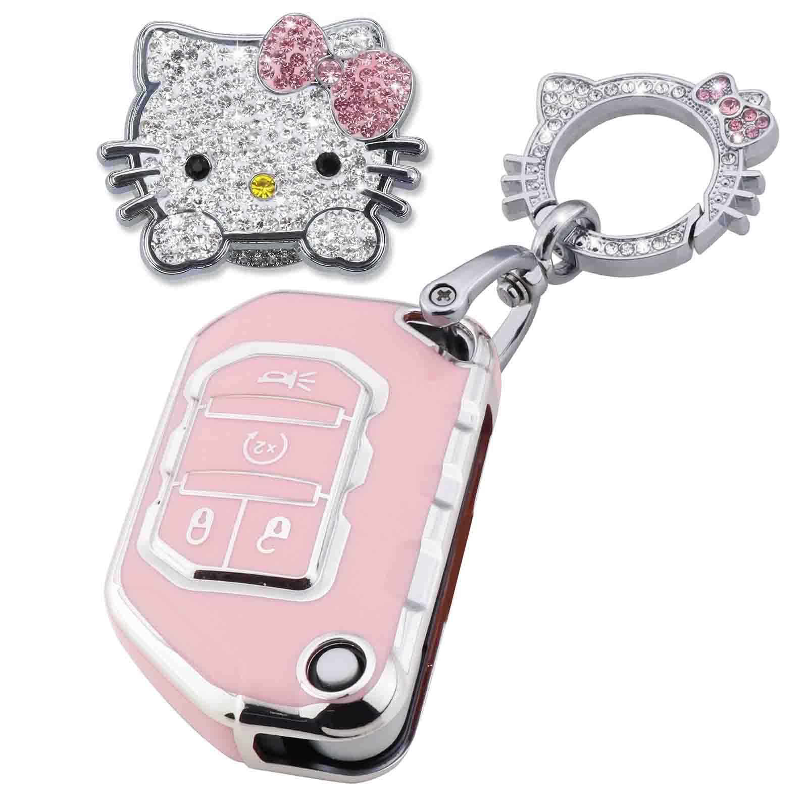 Photo 1 of ***Hello Kitty Charm Missing****Pangpai Pink Car Accessories 3 Pcs for 2018-2022 Jeep Gladiator Wrangler Sahara Rubicon Key Fob Cover with Bling Keychain Cute Push to Start Button Cover
