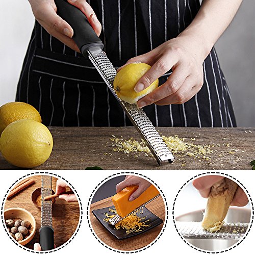 Premium Zester Grater, SourceTon 2 Pack 18/8 Stainless Steel Blade with Protective Cover and Brushes for Zesting Citrus and Grating Cheese -Soft Touch Long Ergonomic Handle with Rubber Base